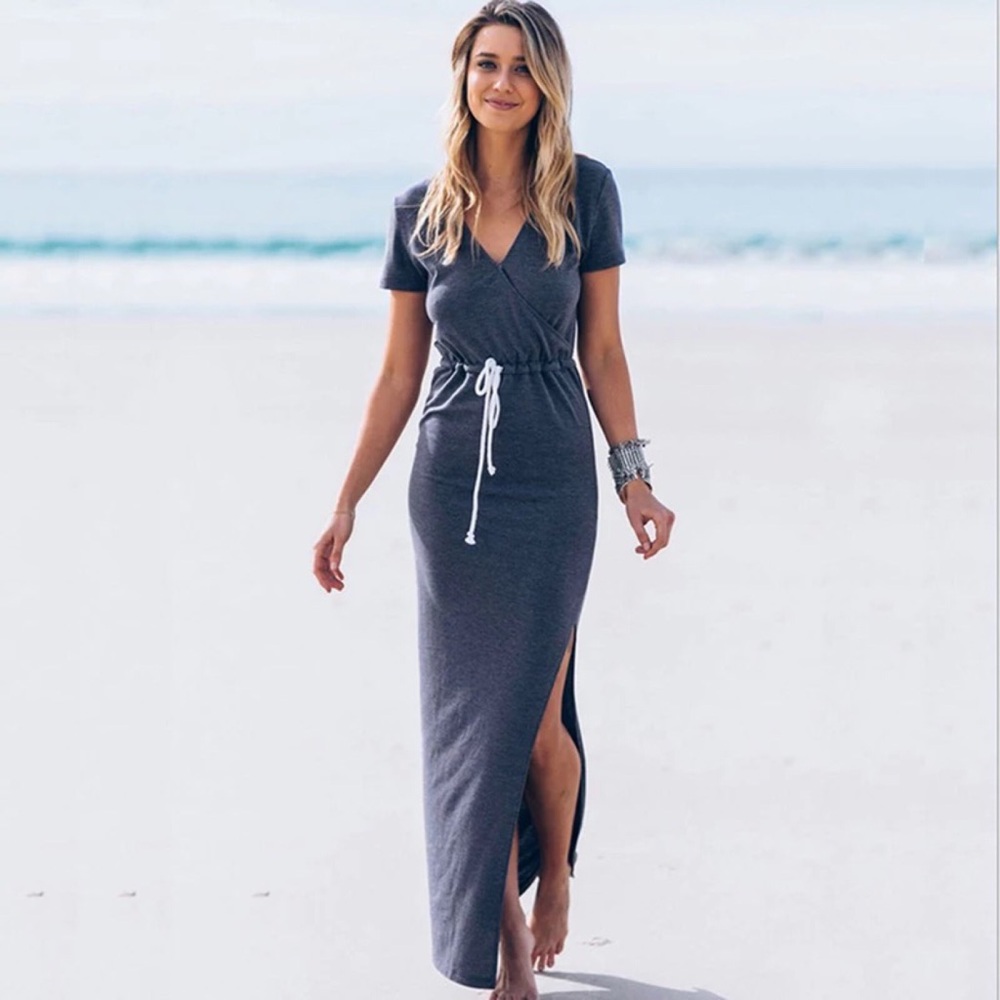💥 CLEARANCE Drawstring Surplice Side Slit Dress - Picture 7 of 7